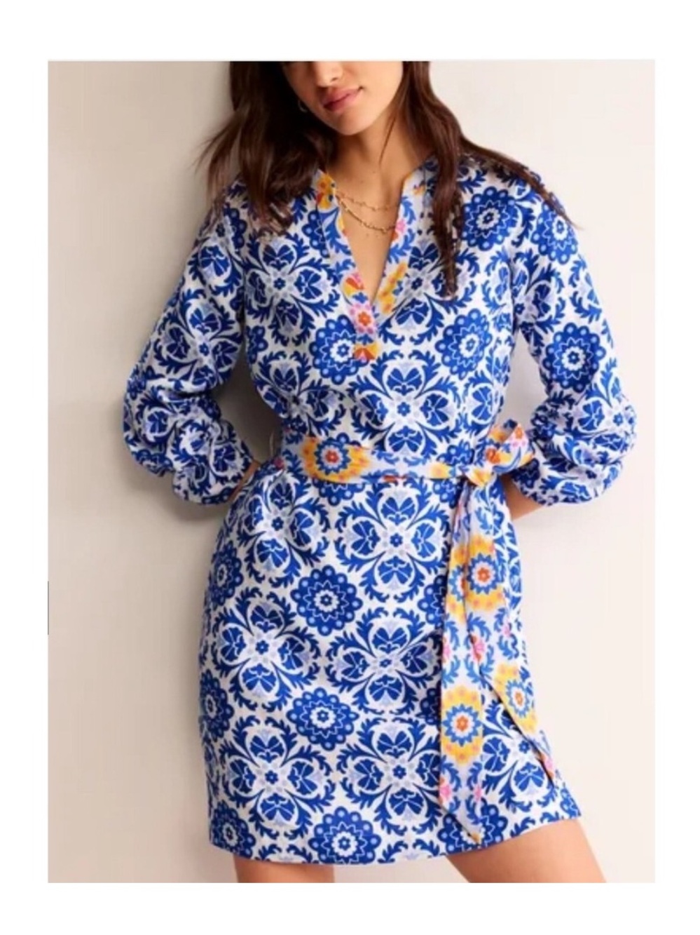 Boden Notch Tie Waist Kaftan Dress Surf The Web, Mosaic Bloom size 6 L